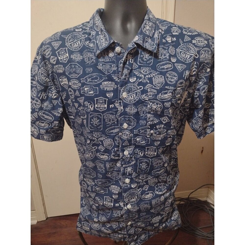 Men's Columbia PFG All Over Print Blue Vented Button Up Shirt Medium M Cotton